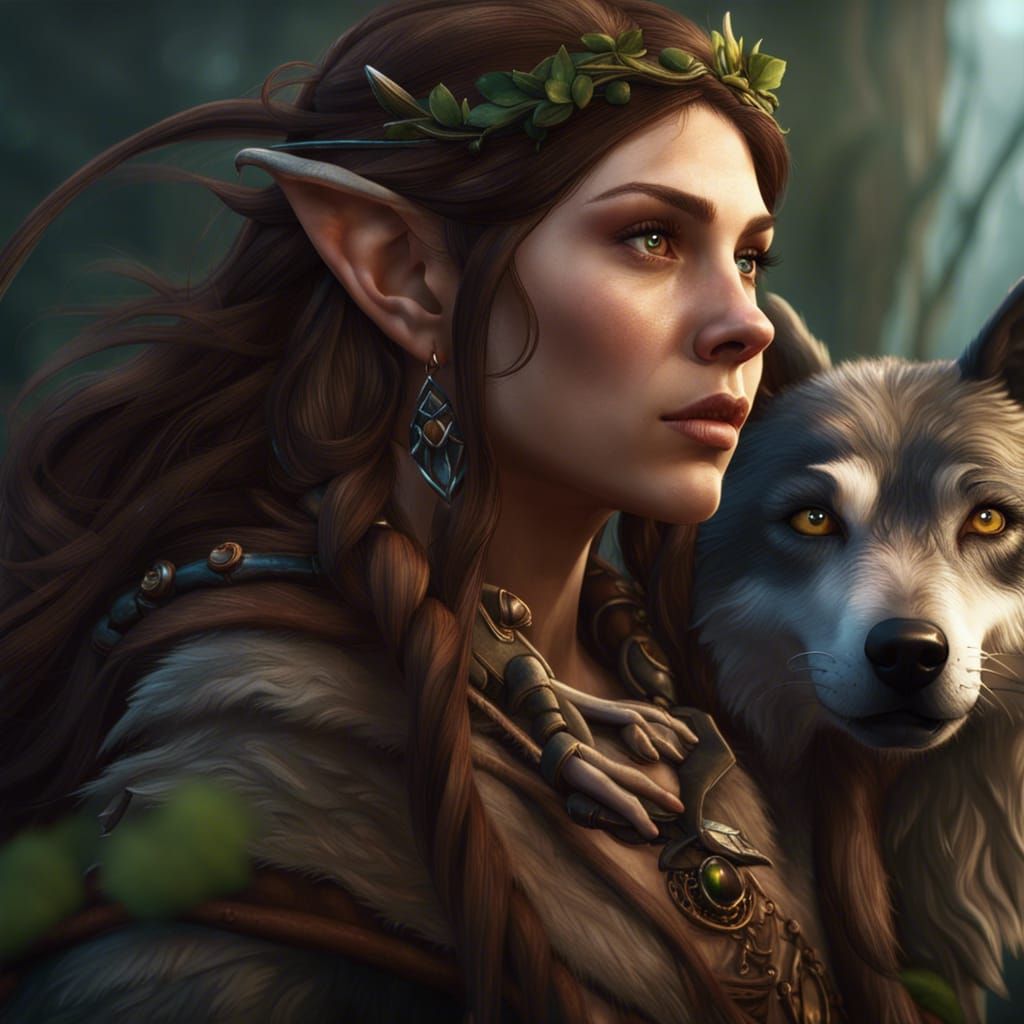 Wood Elf Druid with Wolf: Fantasy Concept Art