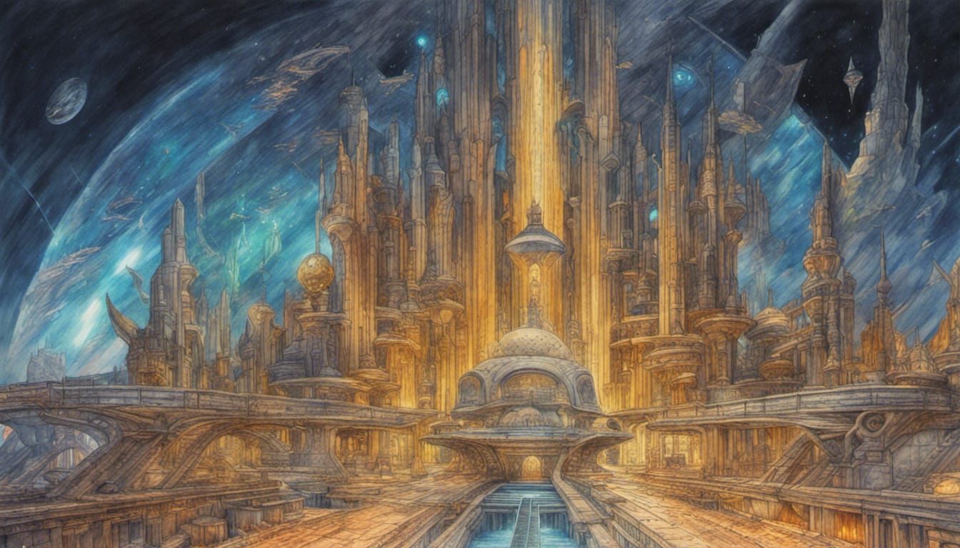 Futuristic Atlantis in Pencil Watercolour, Dark Fantasy