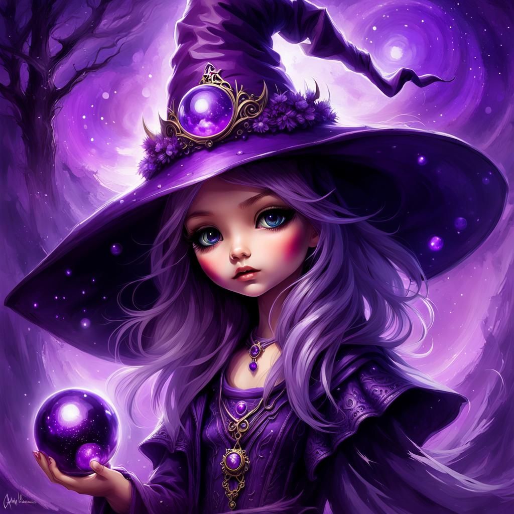 Enchanting Chibi Purple Witch with Glowing Orbs