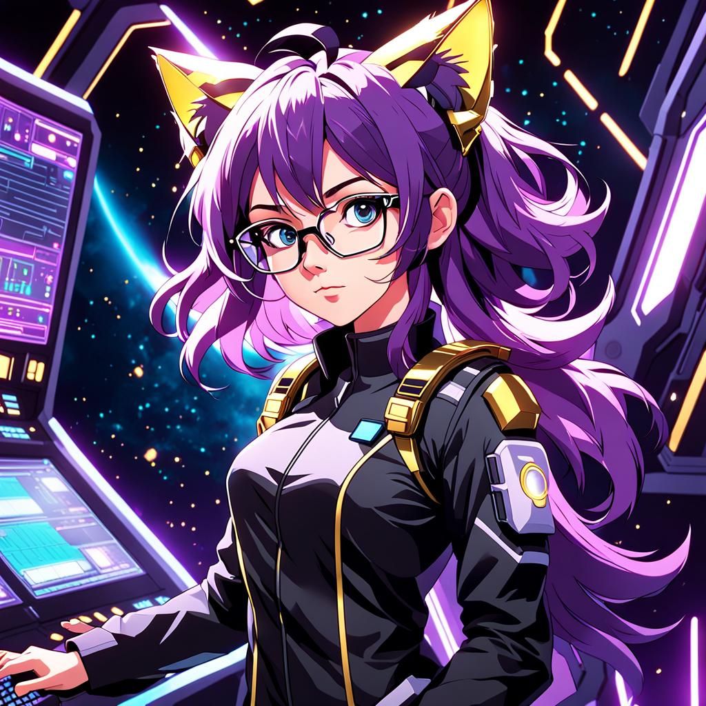 Anime Science Officer with Cat Features in Space