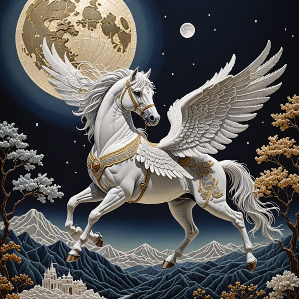 Ethereal Pegasus in Regal Splendor Over Mt Olympus