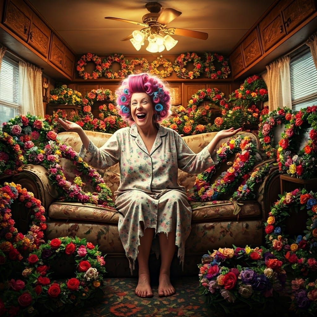 Eccentric Elderly Woman Surrounded by Vibrant Wreaths in Kit...