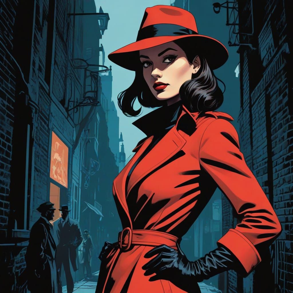Sultry Spy Girl in a 1940s Film Noir Comic Book Style