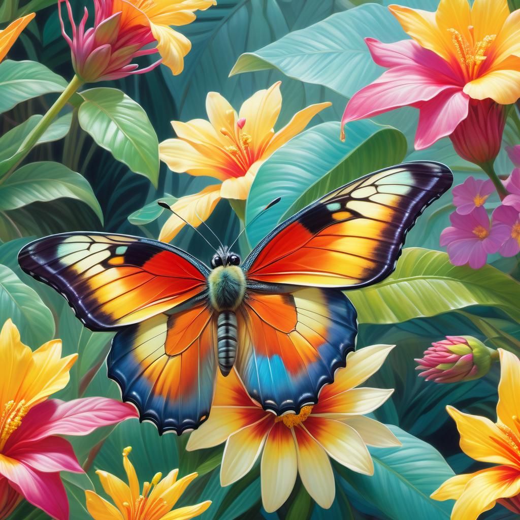 Butterfly Among Tropical Flowers: Digital Painting