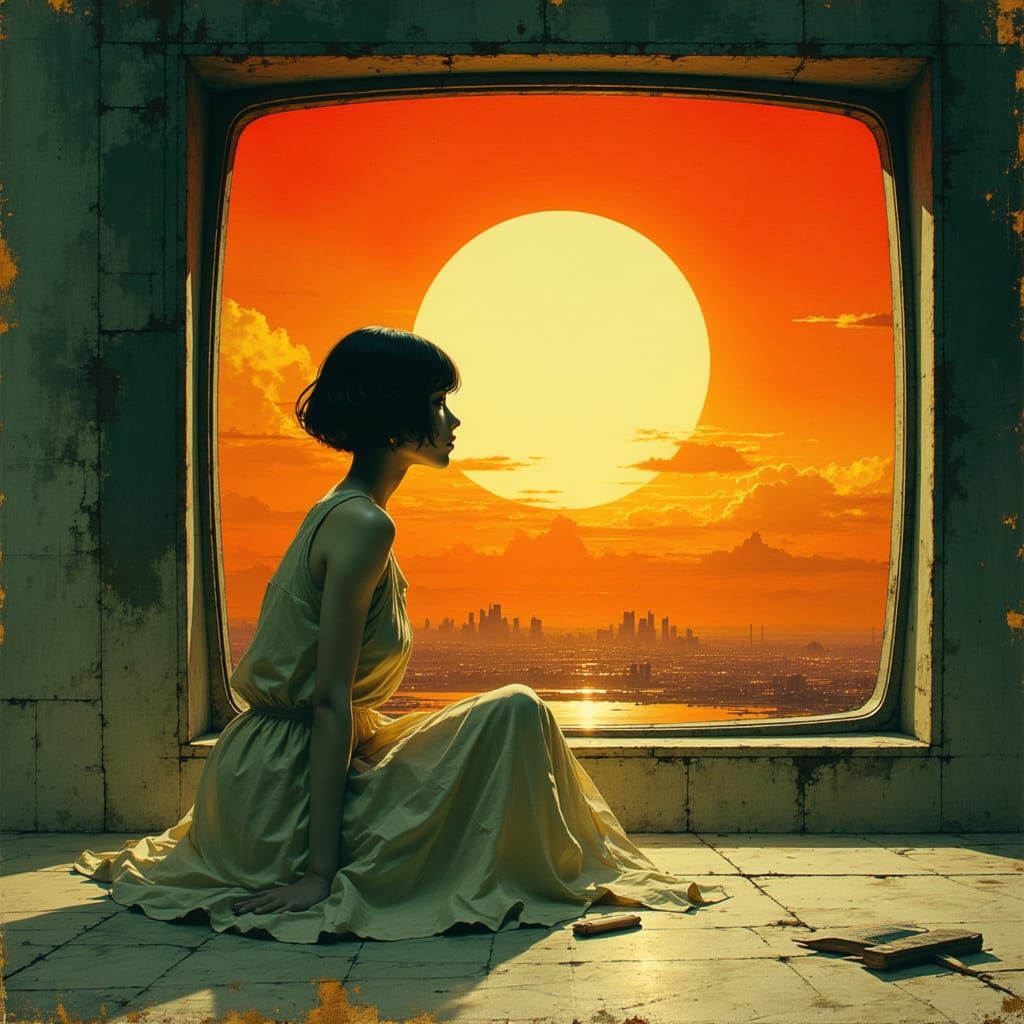 Woman Gazing at Sunset Through TV Portal