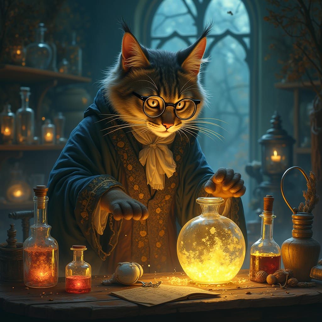 Cat Alchemist in Laboratory: Rackham, Mucha, Ghibli Style