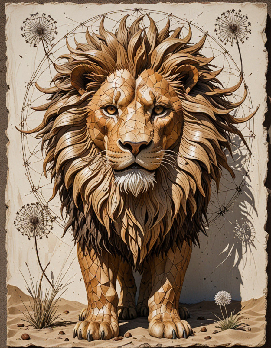 Vibrant Tuff Phrygian Lion Dandelion Creature in Relief Styl...