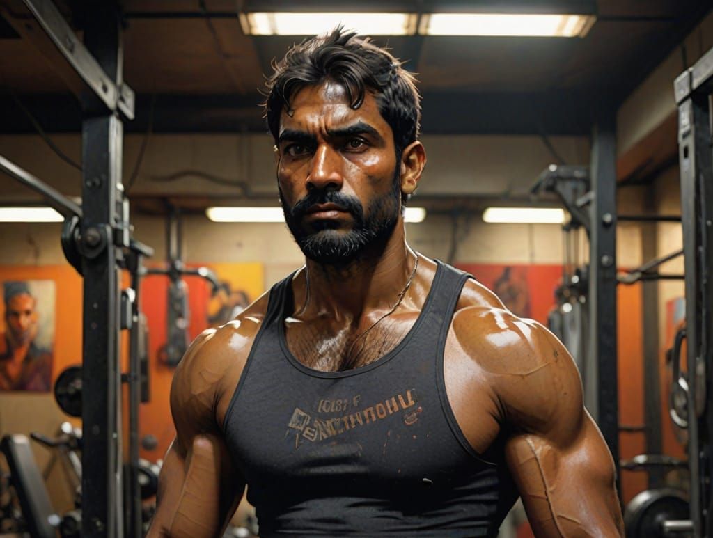 Indian Man Post-Workout with Dramatic Lighting