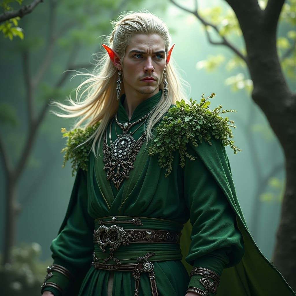 Half-Elf Nature Mage in Green, Matte Painting
