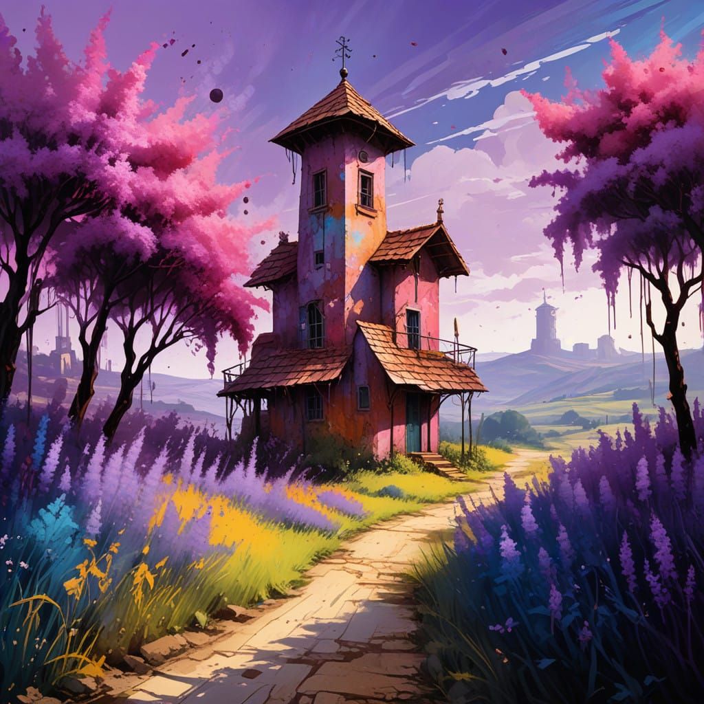 Mediterranean Abode in Lavender Hues with Towering Presence