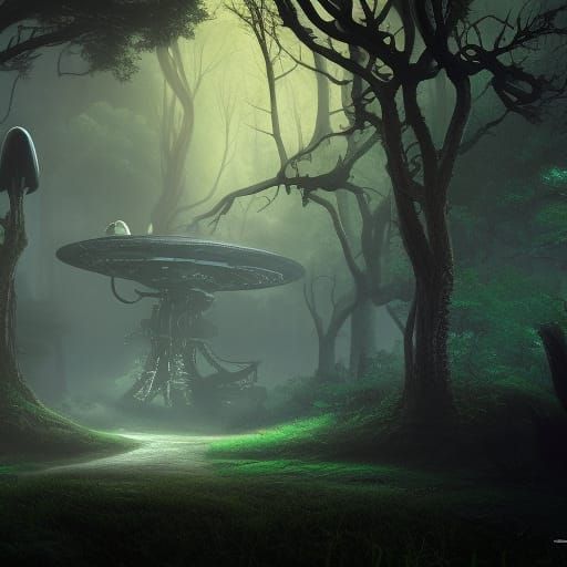 Dark Forest with Strange Creatures and UFO