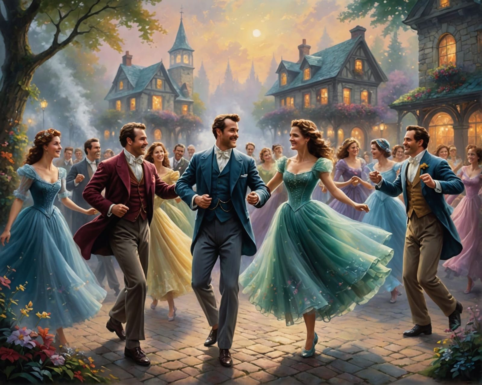 Joyful Dancers in Ethereal Fantasy Painting