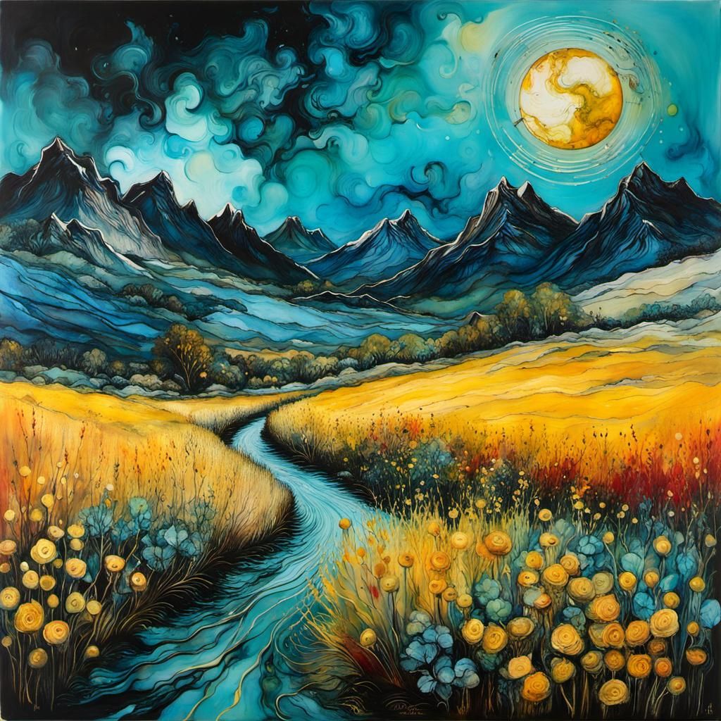 Surreal Encaustic Landscape in Post-Impressionist Style