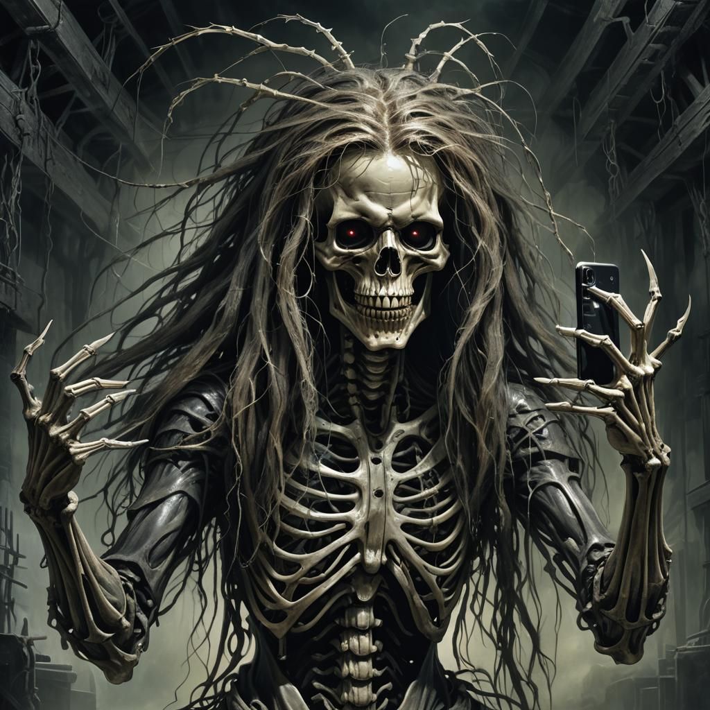 Horror-Inspired Skeletal Figure Taking a Selfie