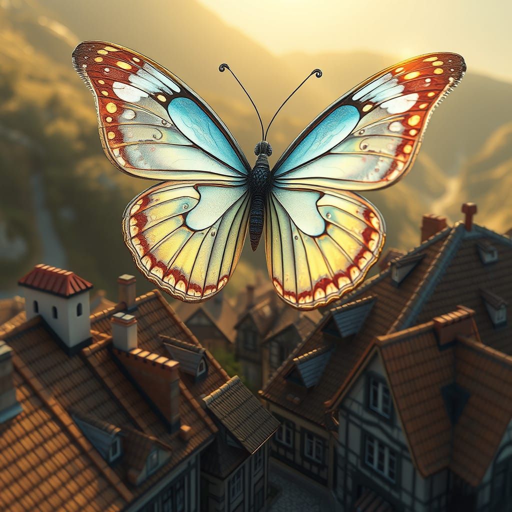 A massive, vibrant 3d butterfly perched elegantly on the roo...