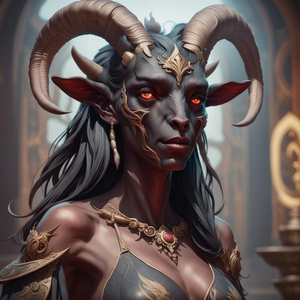 Demonic Goat Woman Portrait in Detailed Splash Art Style