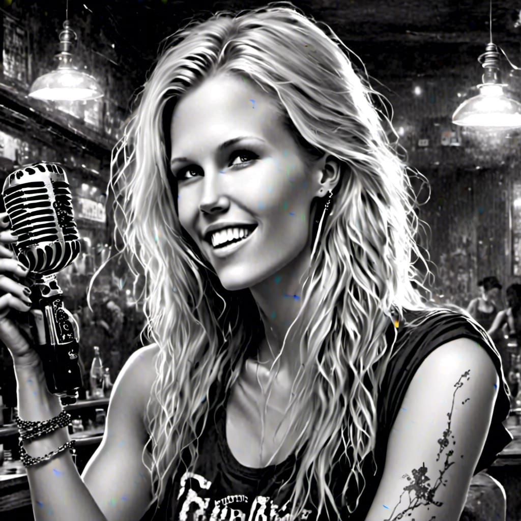 Blonde Woman Singing Karaoke: Photorealistic Surrealism