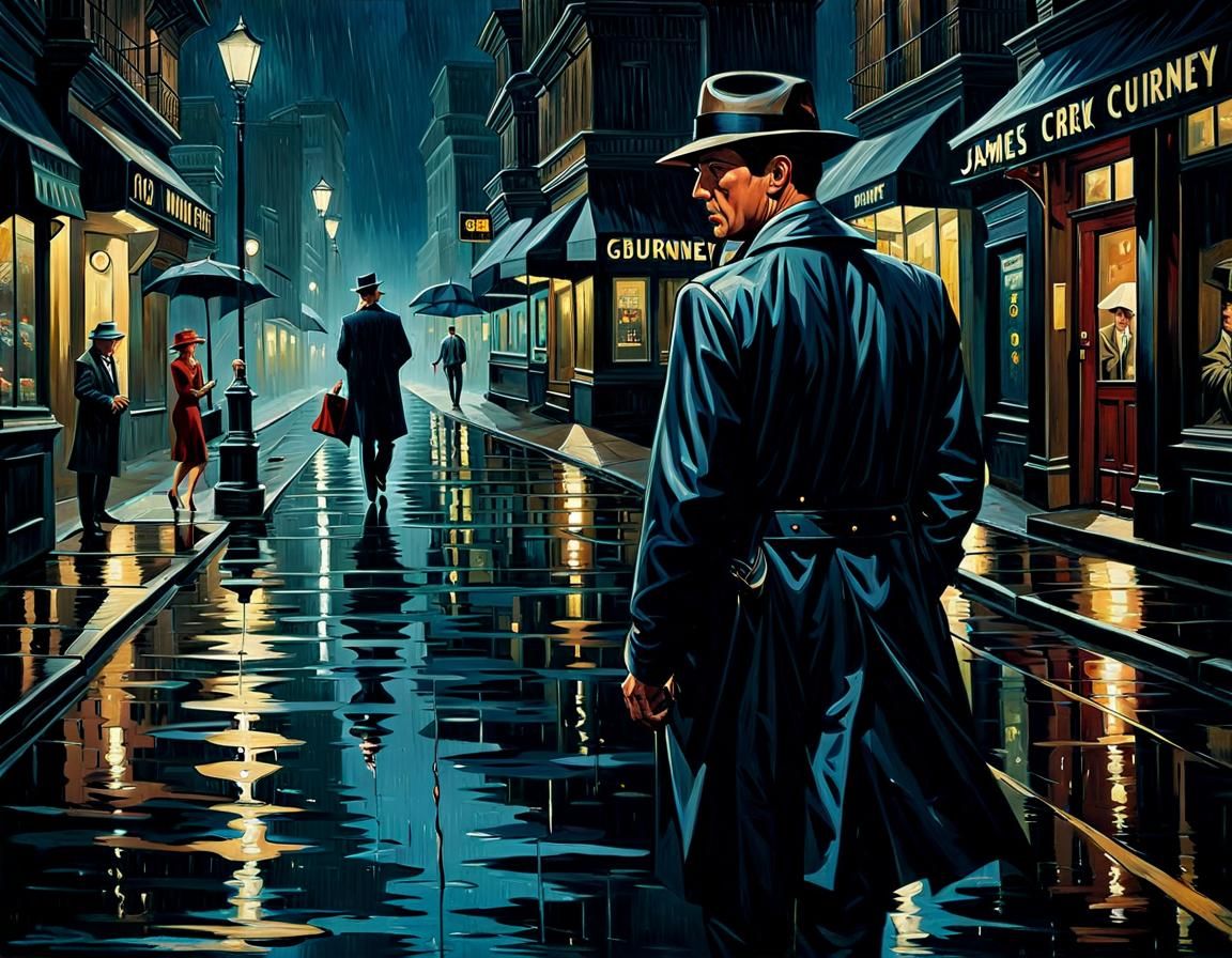 Film Noir Detective in Rainy Street: Oil Painting