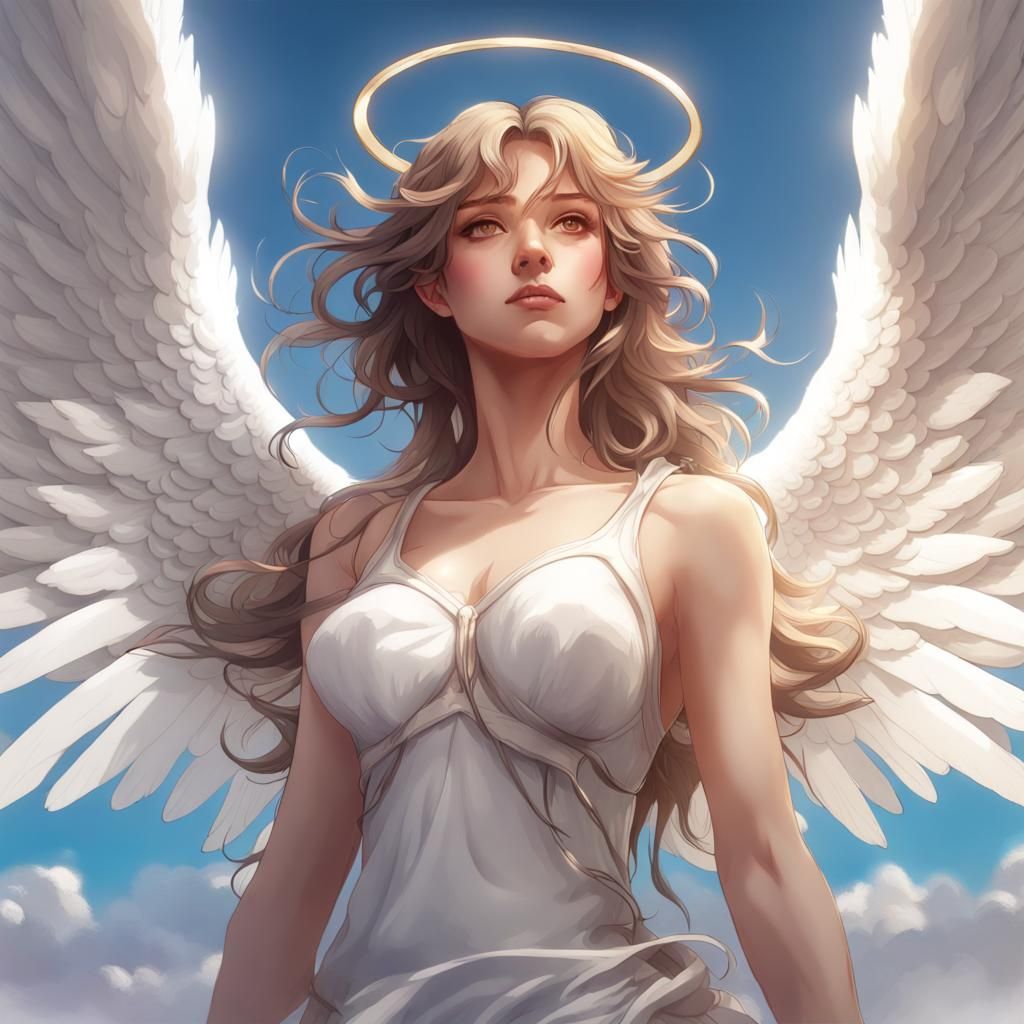 Anime Angel Portrait with White Wings