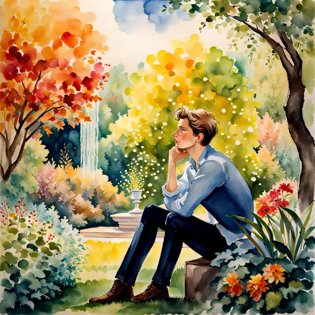 Adam Listens to Philosophy in Eden: Watercolor