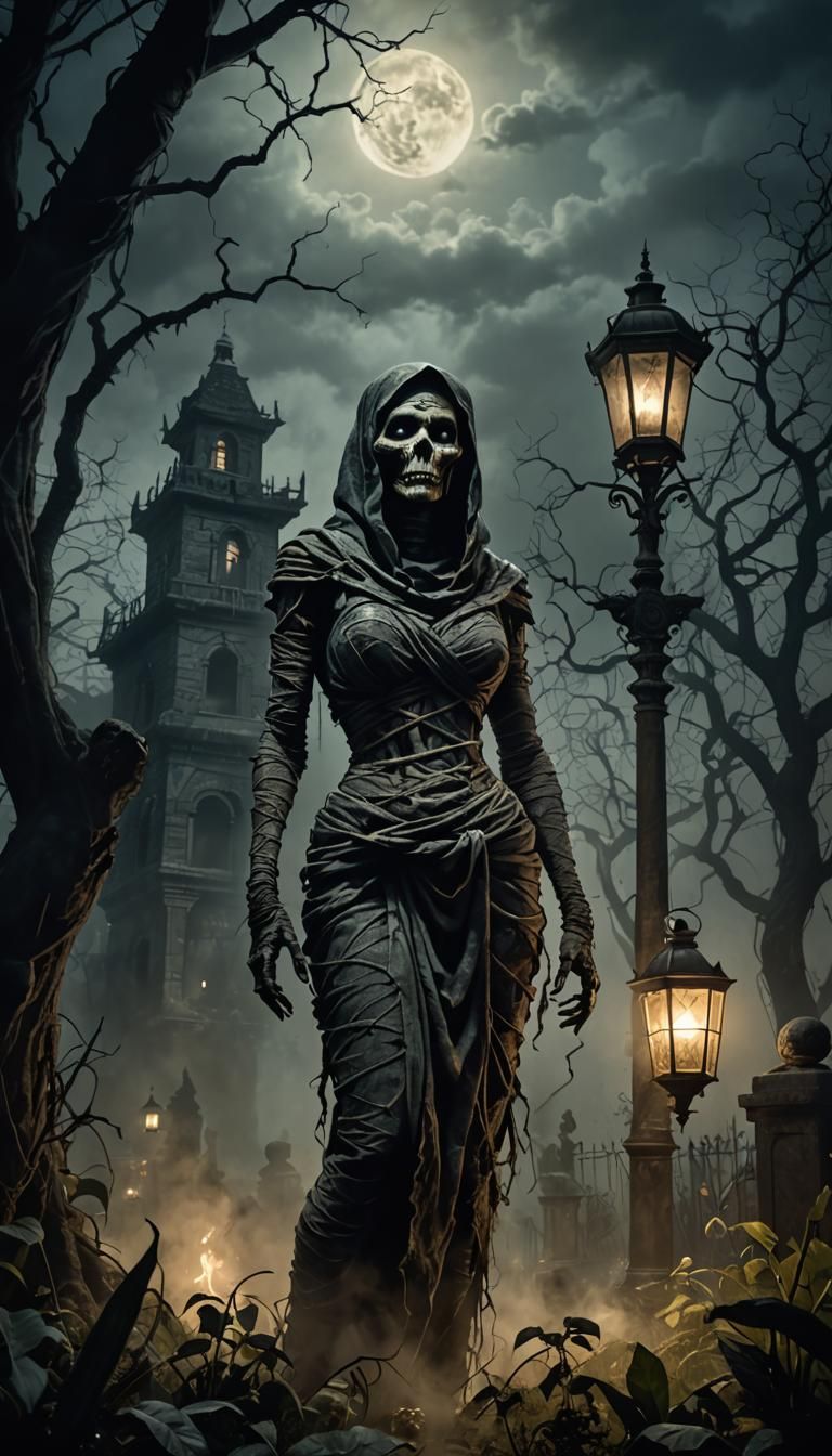 Demonic Pinup Mummy in Haunted Garden