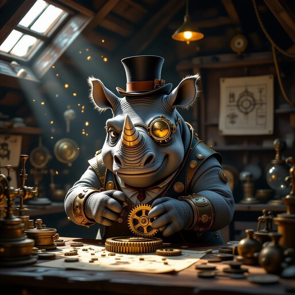 Steampunk Rhino Polishes Ancient Gears in Workshop