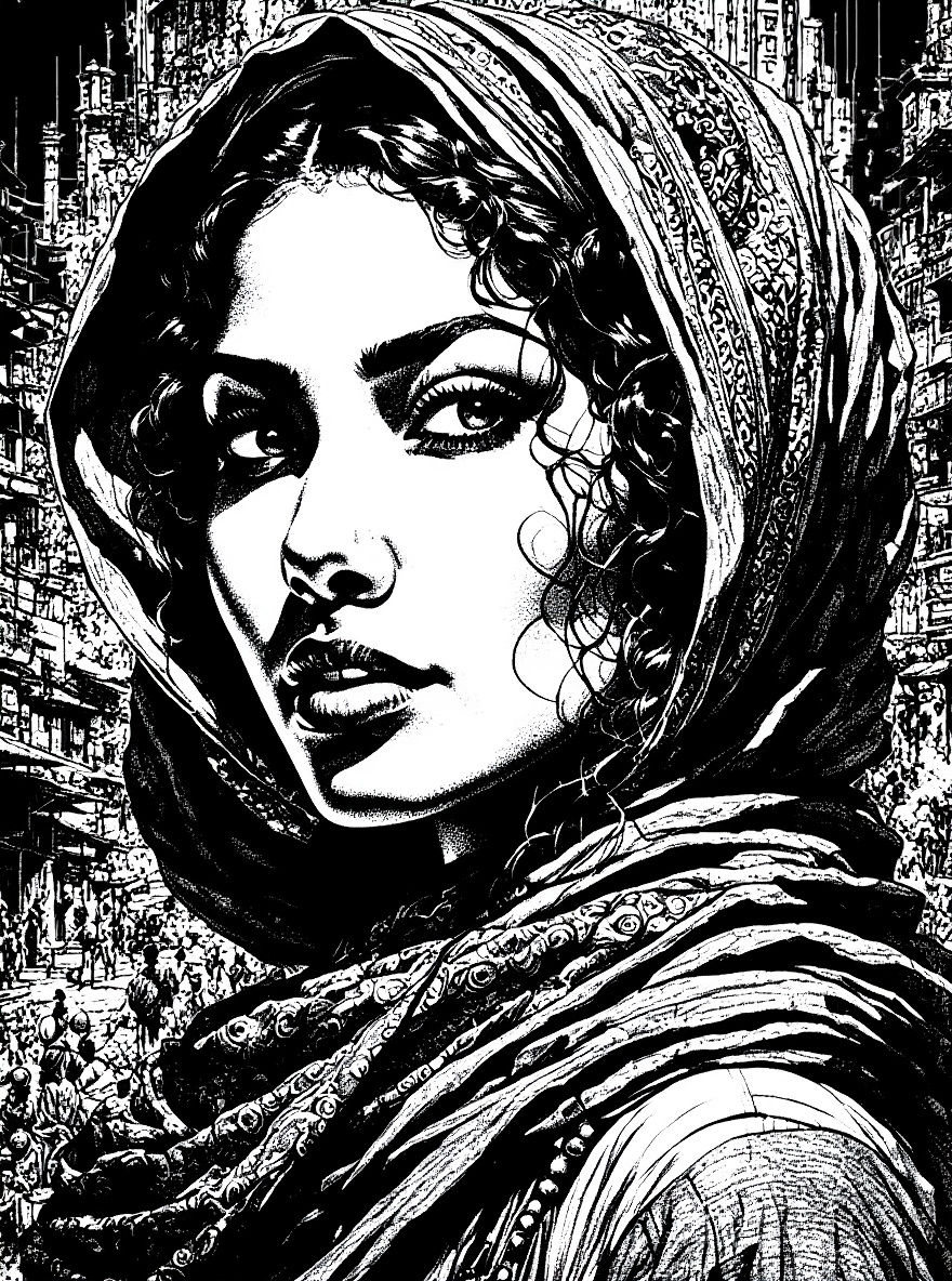 B&W Palestinian Woman Portrait in Ink Drawing Style