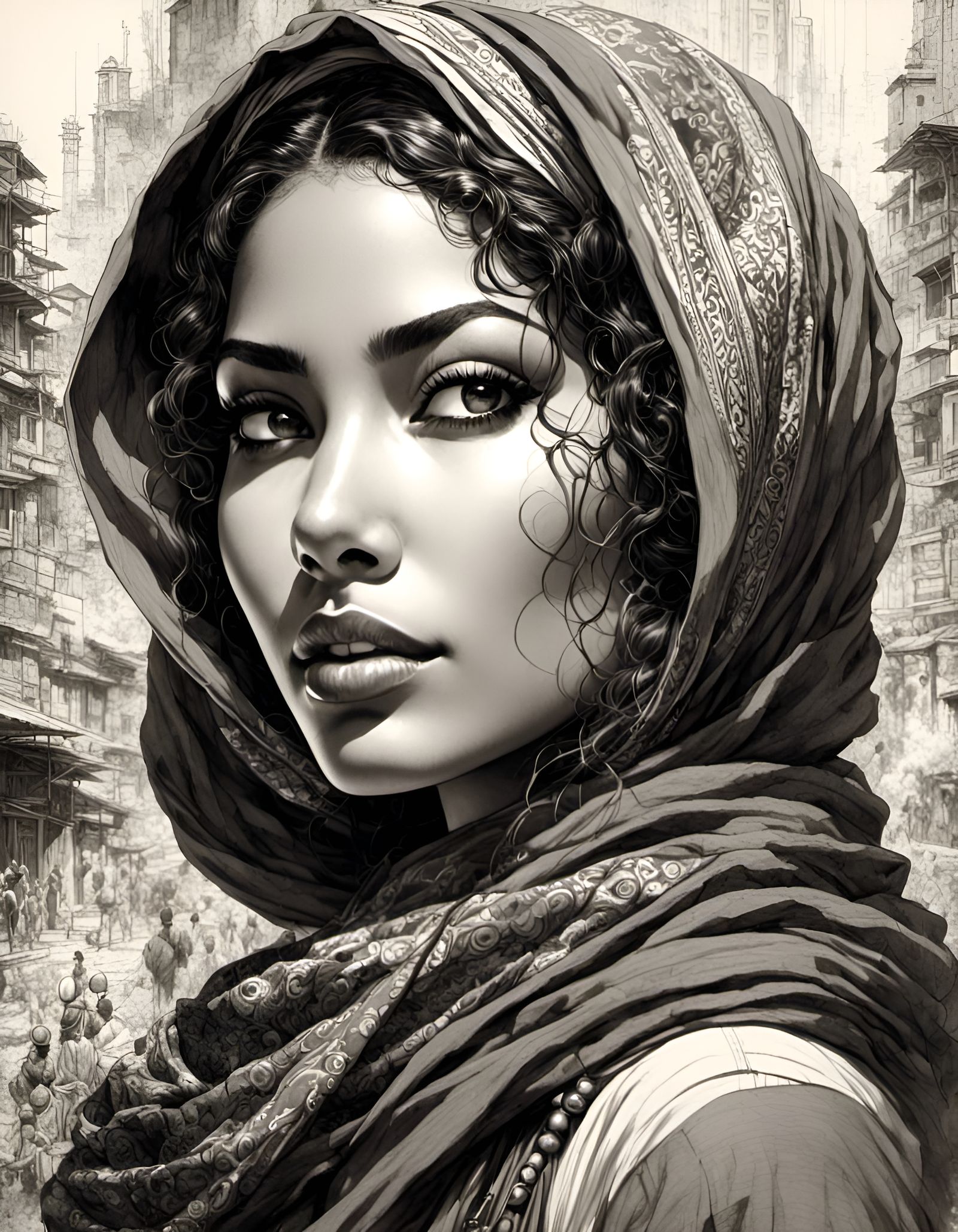Palestinian Woman: Steampunk Sketch with Red Headscarf