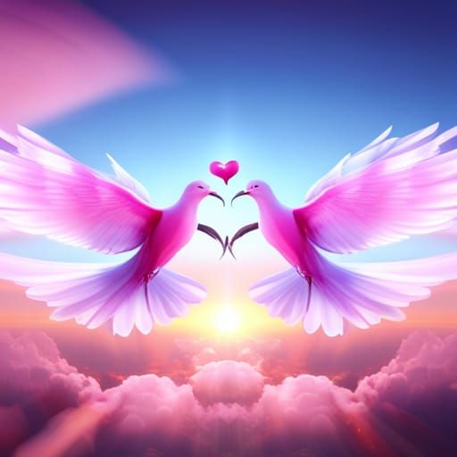 Pink Doves Forming Heart with Ribbon, Digital Art