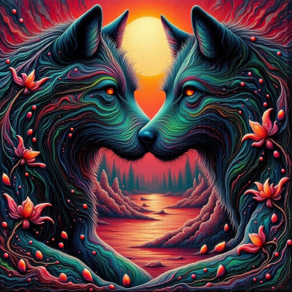 Surreal Bioluminescent Wolves in Eerie Landscape