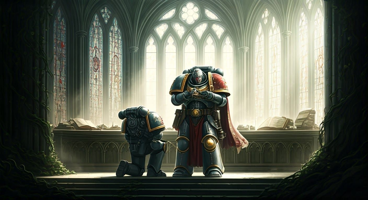 Space Marine Apothecary Portrait in Gothic Chamber