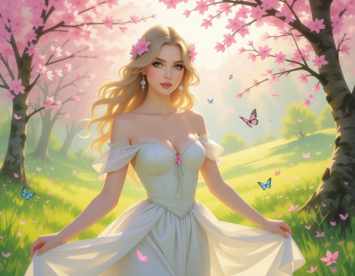 Spring Fairy in Blossoming Landscape, Oil Painting