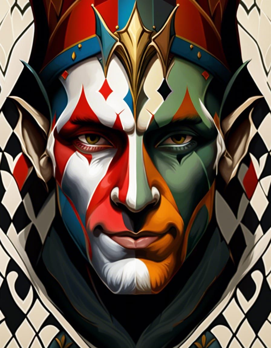 Harlequin Jester Split Portrait in Red and Black