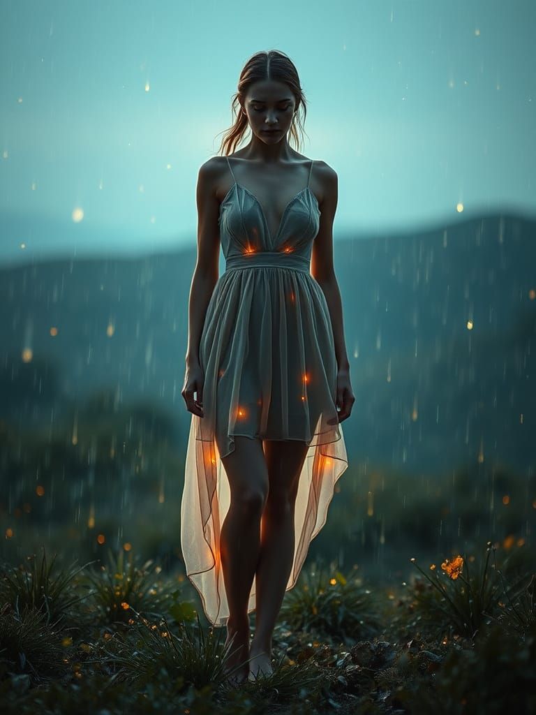 Ethereal Woman in Dreamscape with Glowing Raindrops