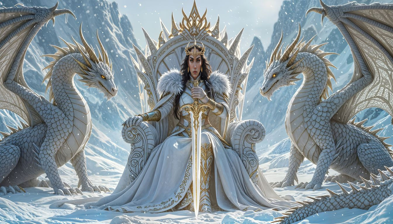 Warrior Queen on Ice Throne with Dragons