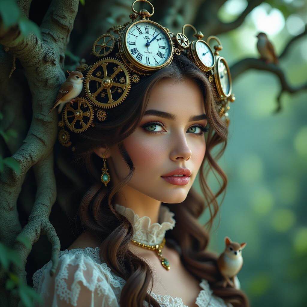 Surreal Woman Portrait with Clockwork and Nature
