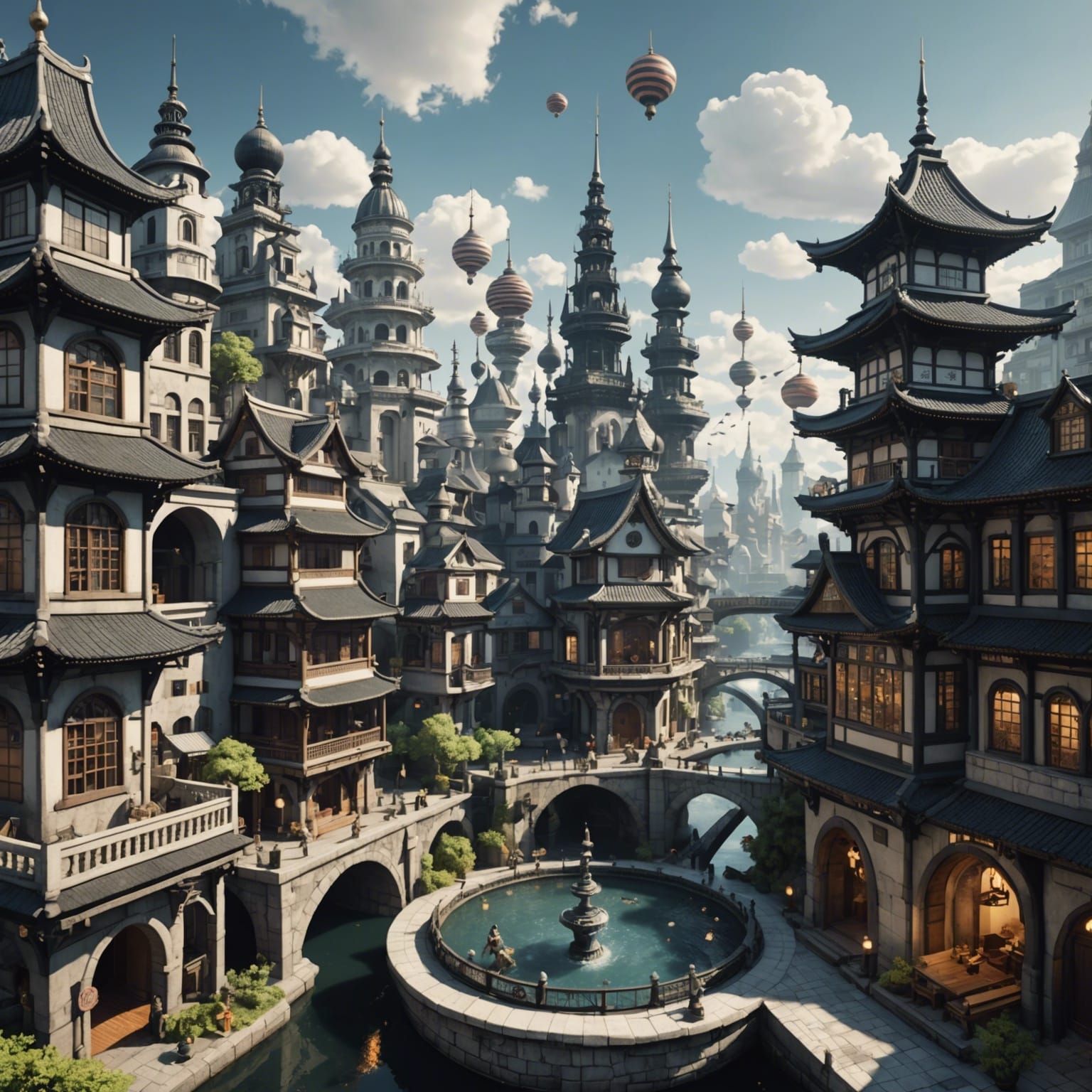 Fantastical Cityscape in Anime and Ukiyo-e Style