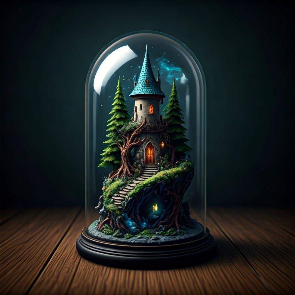 Whimsical Glass Dome Scene: Elven Tower Amidst Tree-Covered ...