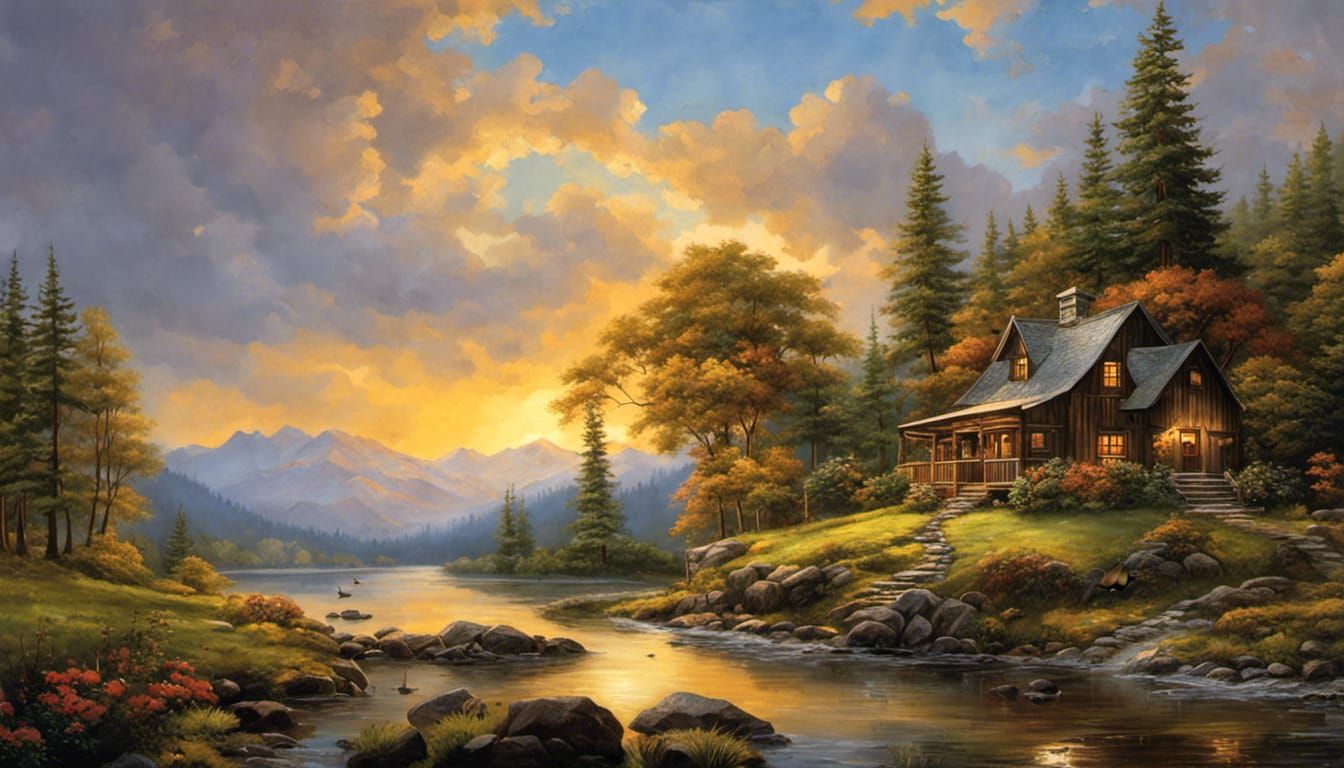 Cozy Log Cabin in Mountain Forest Painting