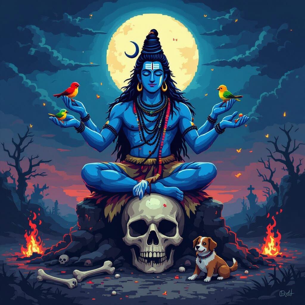 Shiva in 16-Bit Pixel Art Style with Birds and Dogs