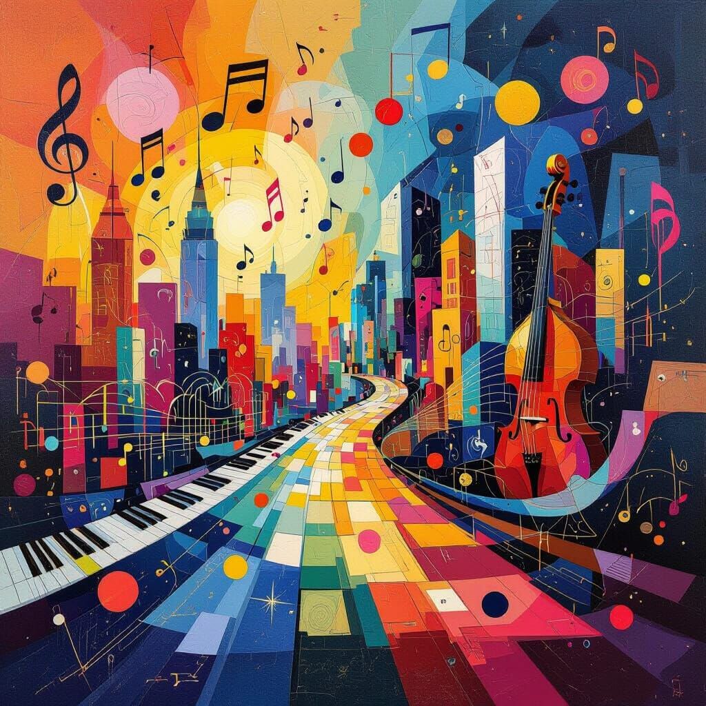 Abstract Cityscape of Music Notes and Sound Waves
