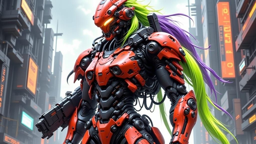 Cyborg Woman in Mech Suit, Anime-Inspired Style