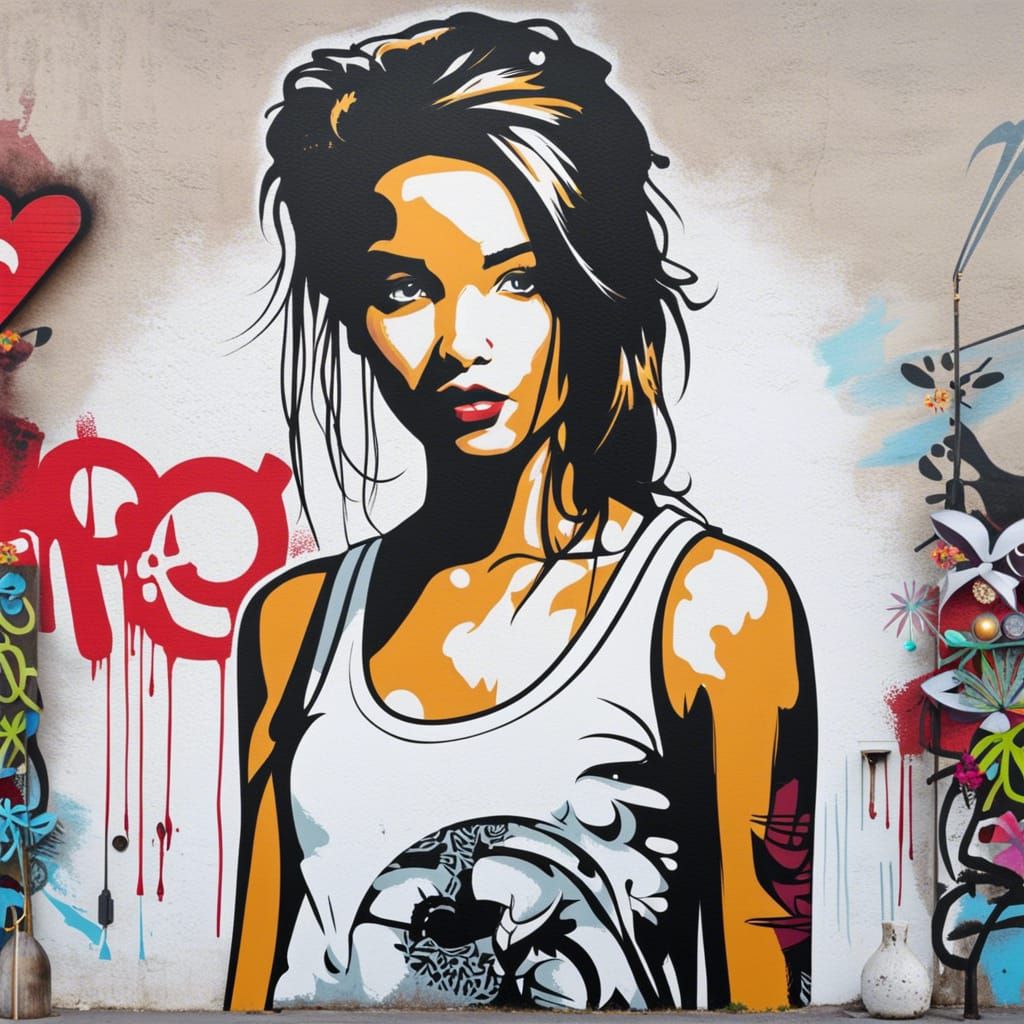 Girl in White Top with Banksy-Style Graffiti