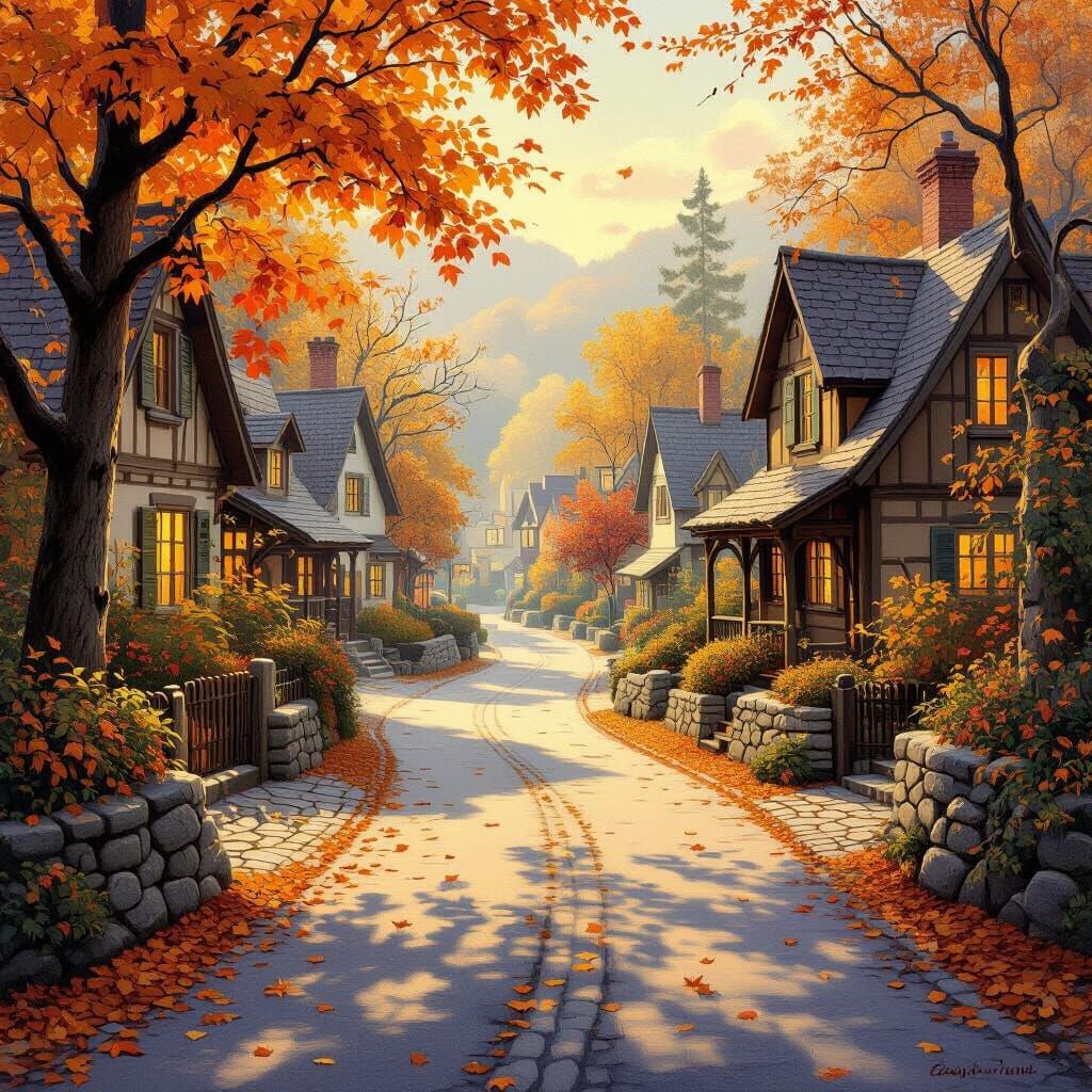 Impressionistic Autumn Village Road Painting
