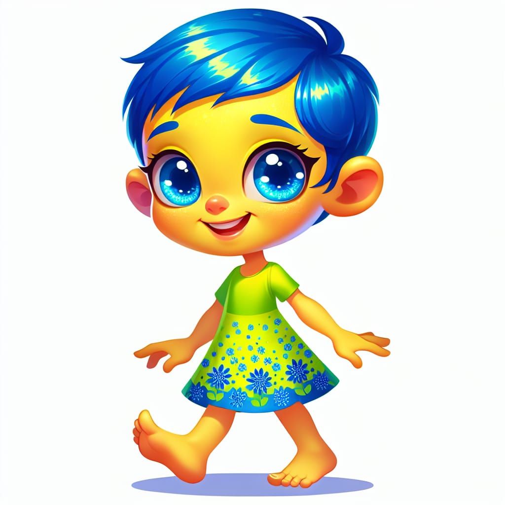 Cheerful Animated Character with Yellow Skin and Blue Hair