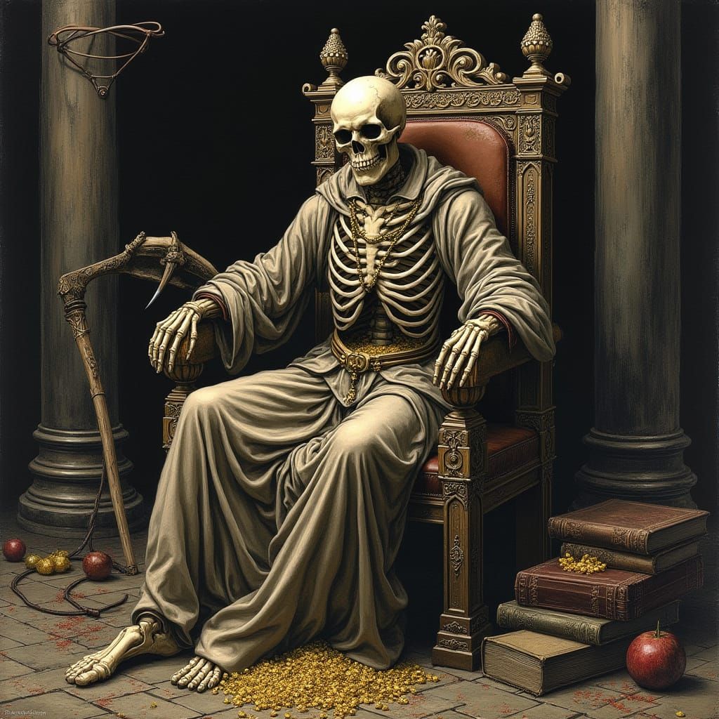 Skeleton King on Throne as Gothic Engraving