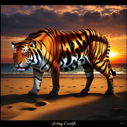 Stained Glass Cow Tiger on Beach at Sunset