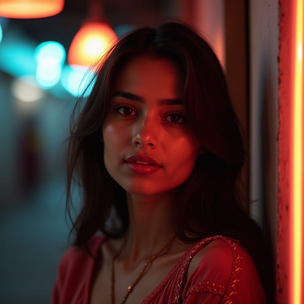 Indian Woman Portrait with Neon Glow