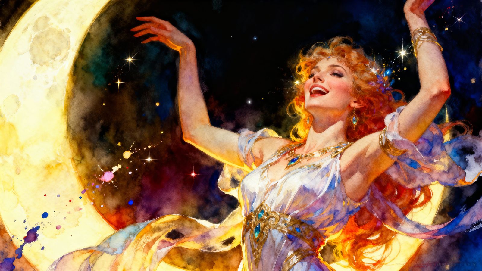Supernatural Woman Dancing in Moonlight Watercolor