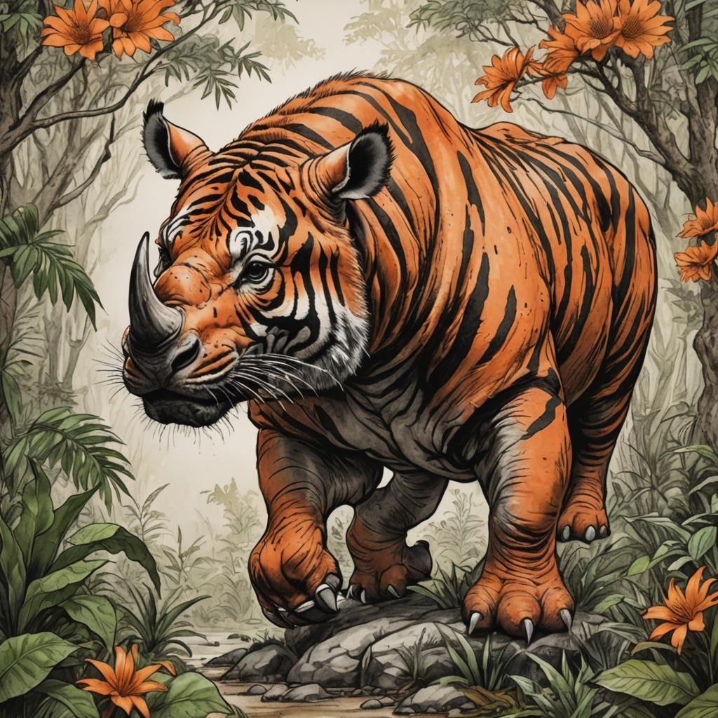 Tiger-Rhino Hybrid Creature in Jungle Pen and Ink